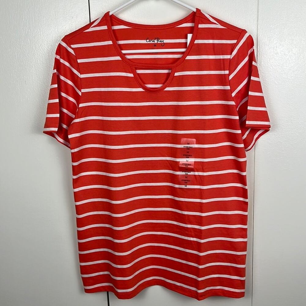 Coral Bay Womans T Shirt Top Orange White Stripe Cutout Neckline Short Sleeve